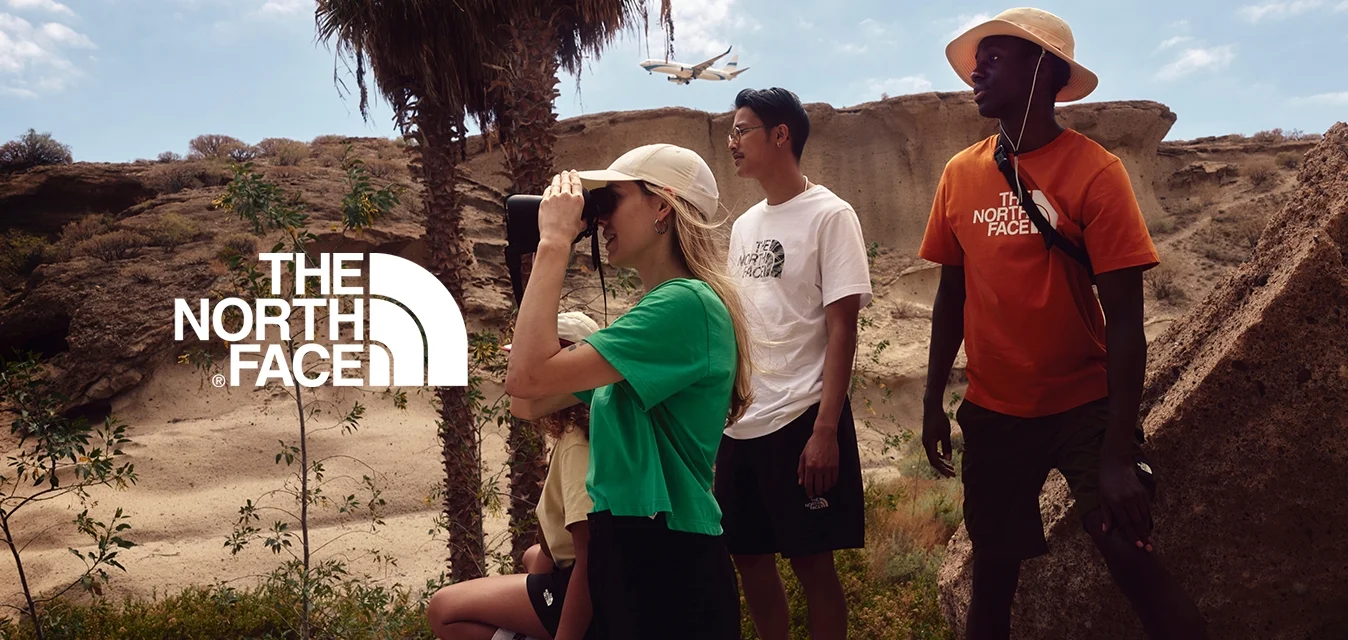 Un gruppo di quattro persone all'aperto: una sta usando dei binocoli, indossando una maglietta verde e pantaloni corti neri. Gli altri indossano t-shirt e pantaloni corti. Sullo sfondo si vedono rocce e vegetazione.