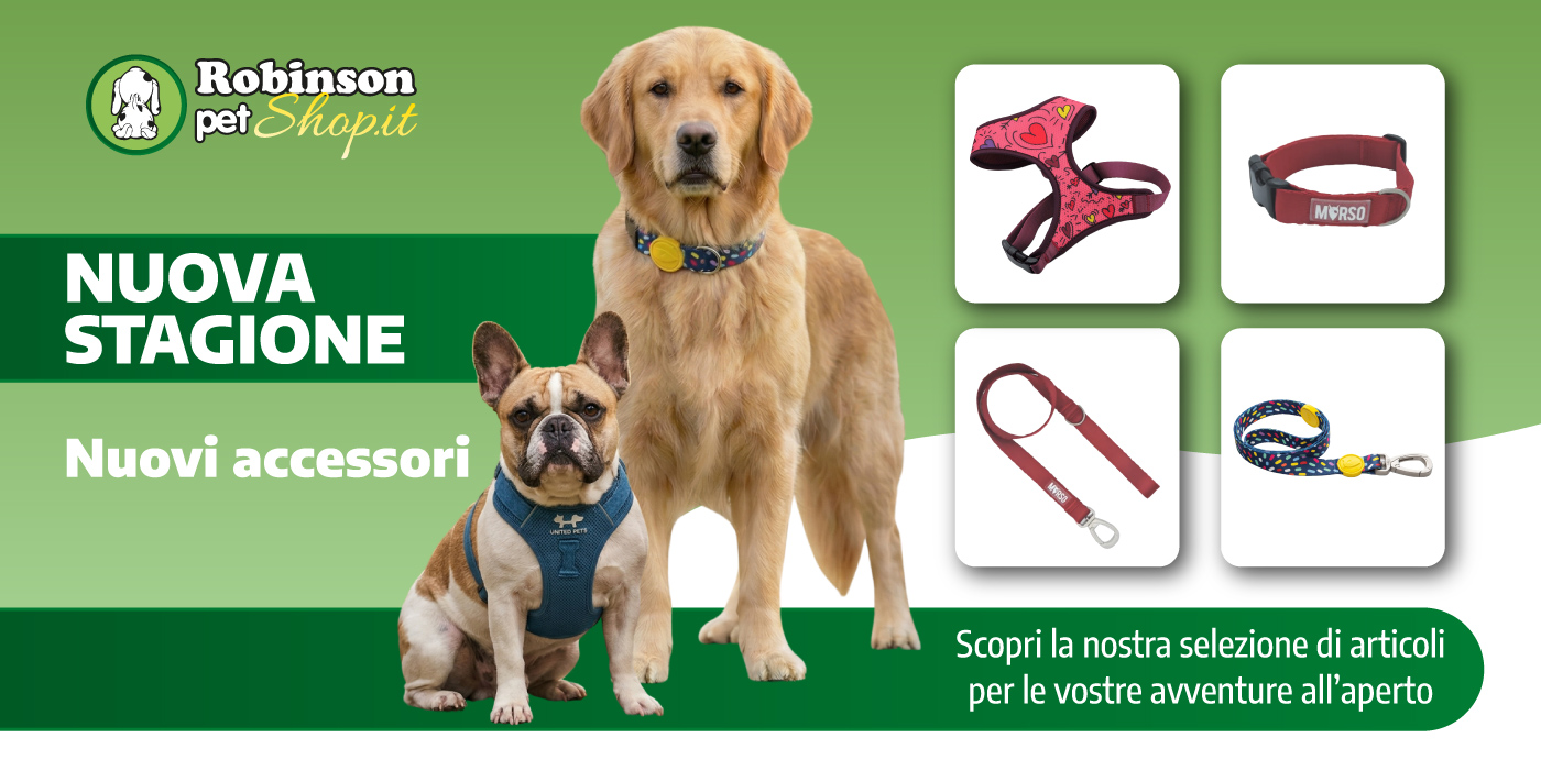 Two dogs (Golden Retriever and French Bulldog) wearing a collar and harness beside product thumbnails of collars and leashes on a green Robinson Pet Shop banner promoting new season accessories