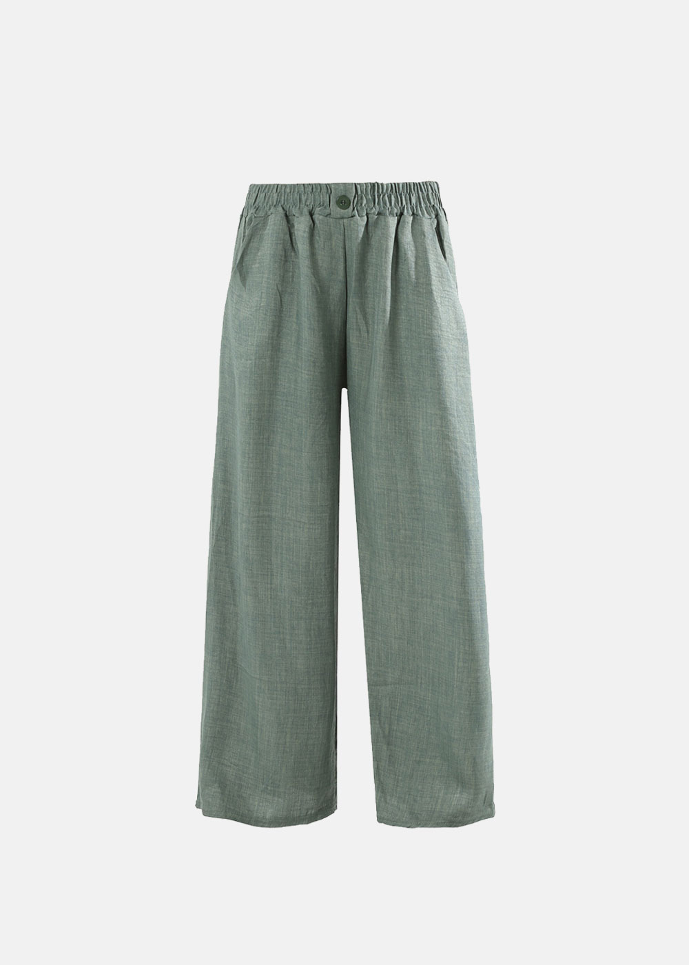 Wide-leg women's linen-blend trousers in sage green with elasticated waistband, front button and relaxed fit