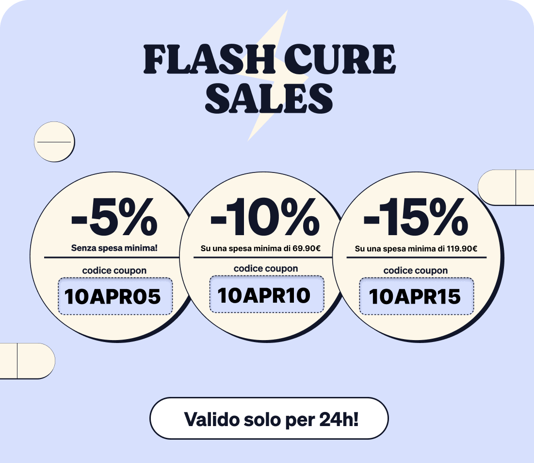 Six pastel-blue 'Flash Cure Sales' promotional cards showing -5%, -10% and -15% discount circles with codes 10APR05, 10APR10 and 10APR15
