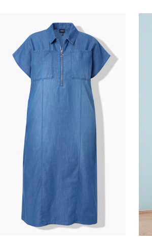 Abito midi in tessuto con effetto jeans, colletto da camicia, zip, mezze maniche