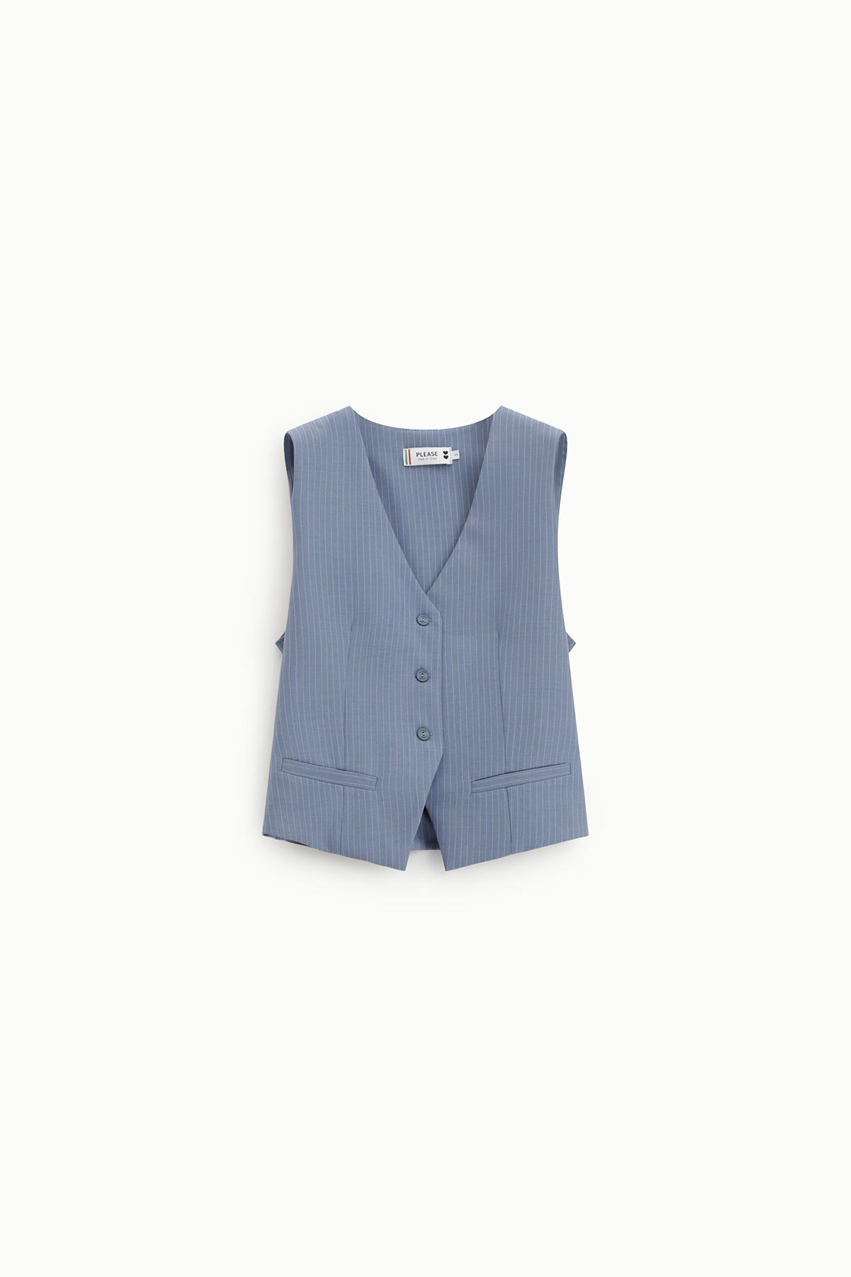 Blue pinstripe tailored waistcoat with three buttons and welt pockets, V-neck waistcoat laid flat on white background