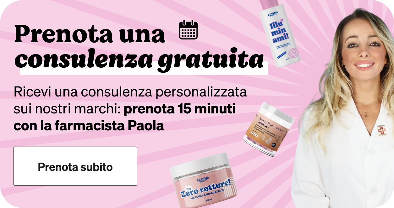 Free 15-minute consultation with pharmacist Paola, smiling in white coat beside brand products and book now button