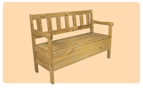 Light-stained wooden garden storage bench with slatted back and armrests on a pale peach background