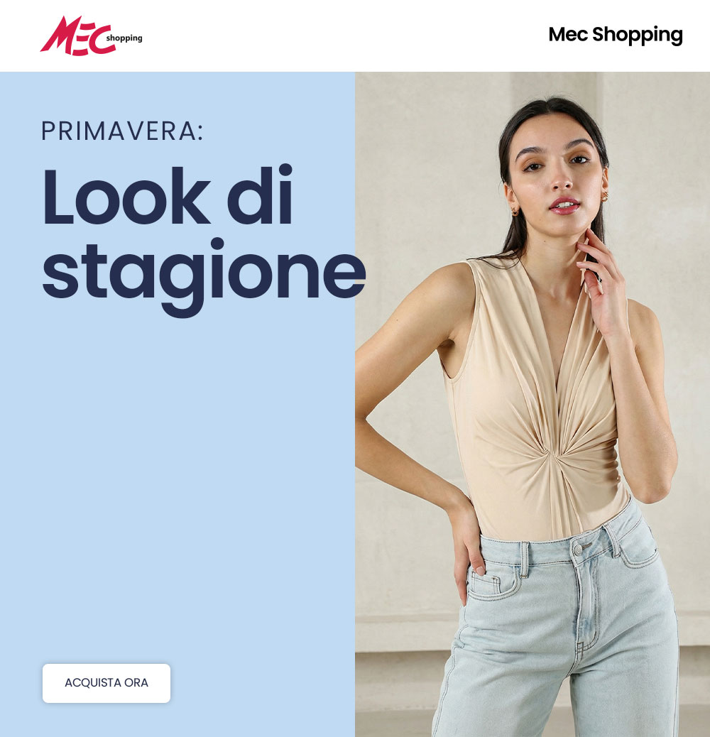 Woman modelling beige twisted-front sleeveless top and light-wash jeans for spring fashion campaign, Mec Shopping