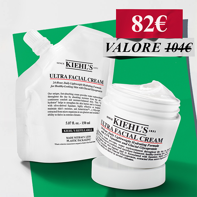 Set ricaricabile Kiehl's Ultra Facial Cream con vasetto da 50ml aperto e pouch di ricarica da 150ml su sfondo bianco e verde, focus sul packaging sostenibile.