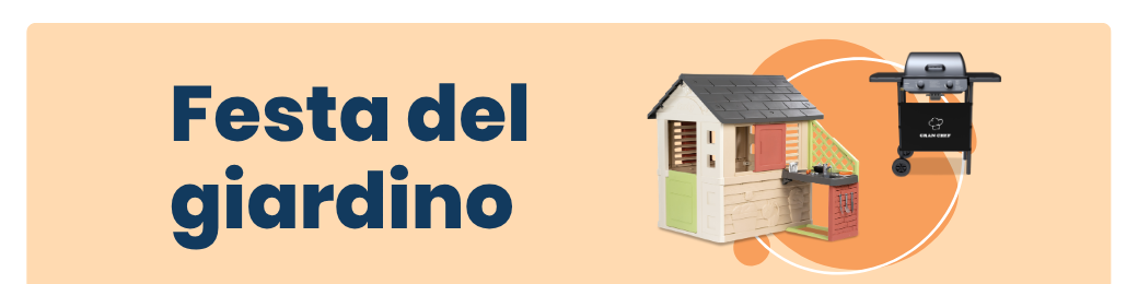 Promotional banner reading 'Festa del giardino' with children's playhouse and barbecue on a peach background