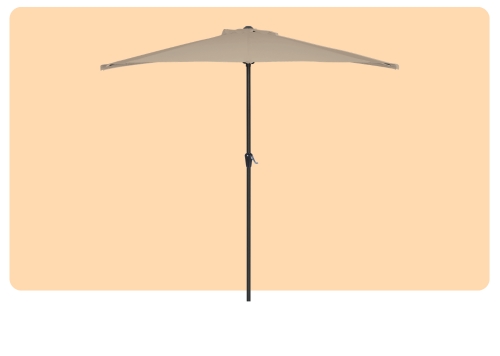 Beige outdoor patio parasol with central black pole and crank handle, slim round canopy on plain peach background