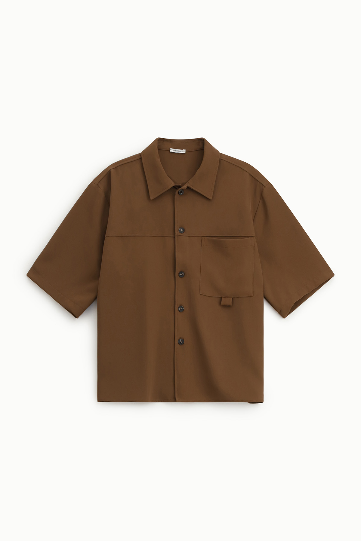 Men's brown short-sleeve button-up shirt with spread collar and patch chest pocket, relaxed fit on white background