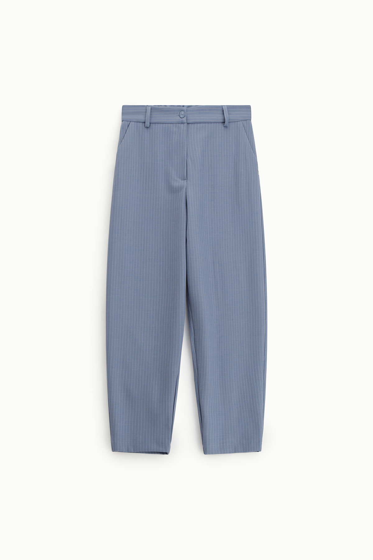 Women's blue pinstripe high‑waist tapered trousers with belt loops and cropped hem on white background