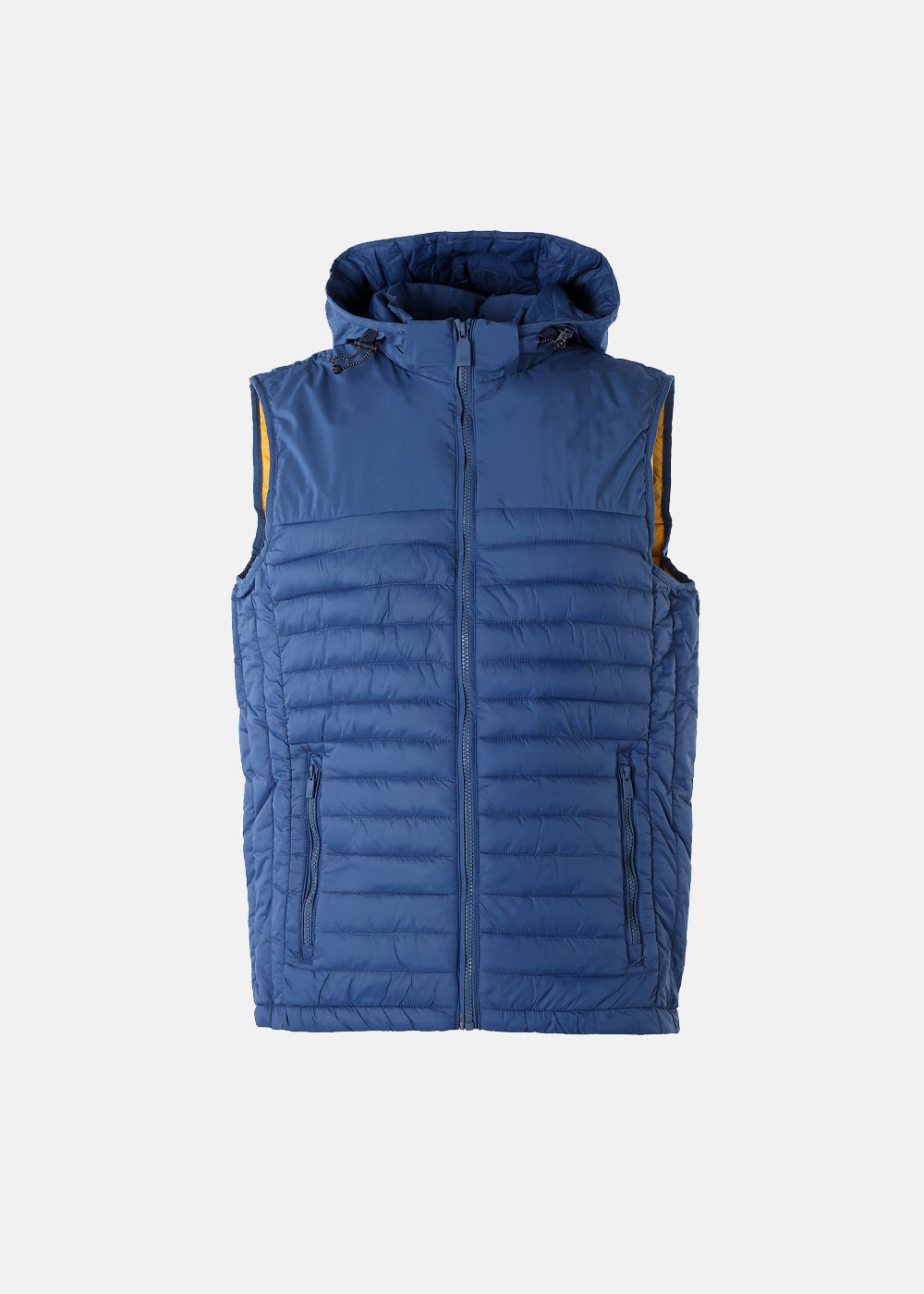 Blue padded hooded puffer gilet with front zip and zipped pockets, sleeveless insulated jacket on white background