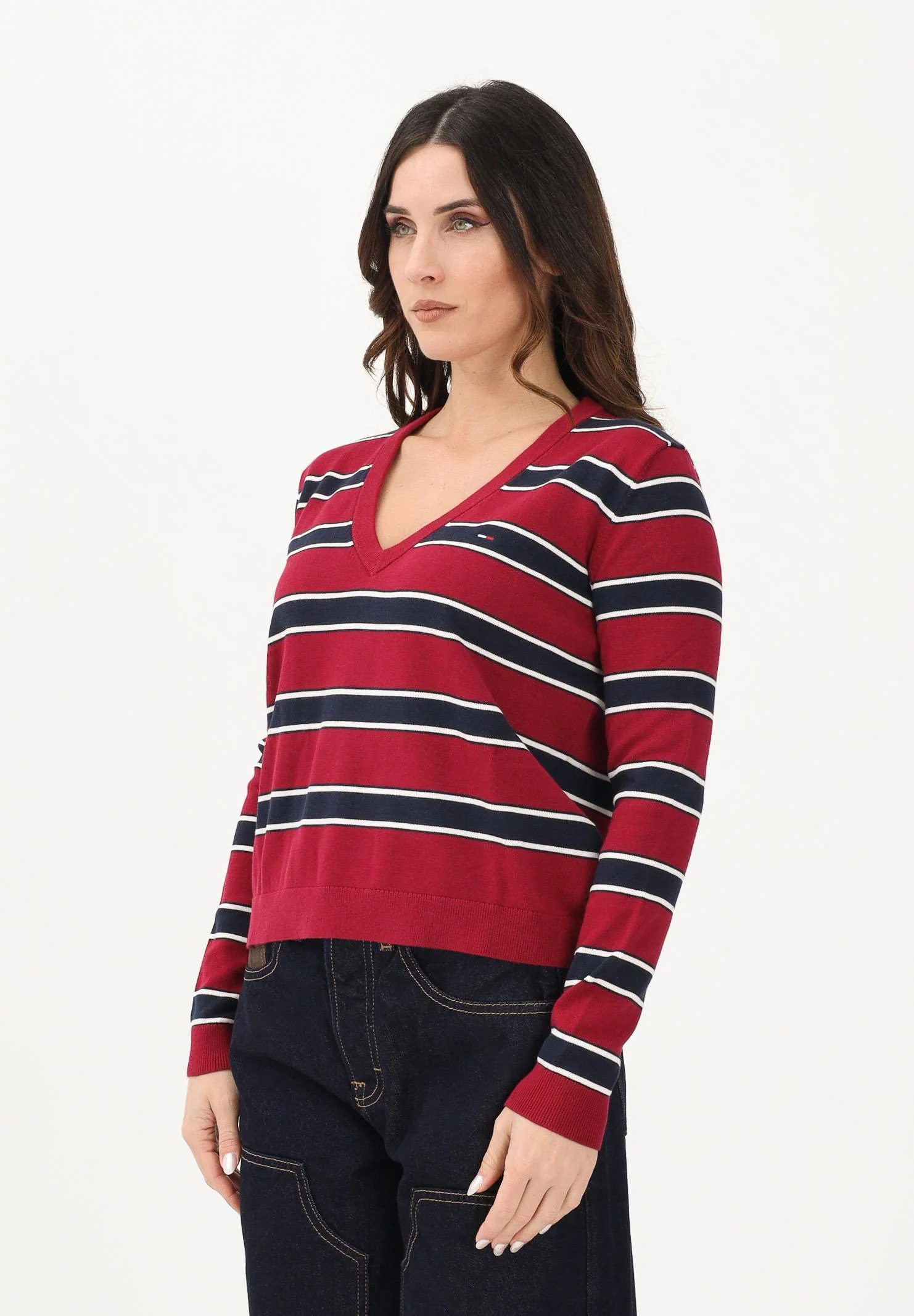 Image of TOMMY JEANS Maglioncino bordeaux e blu da donna con motivo a righe