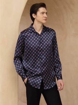 Image of Pure Seta Uomo Maniche Lunghe Colletto A Risvolto Stampa Catena Camicia