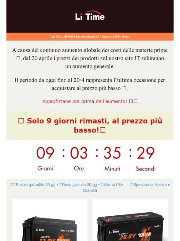 🚨 Ultimo avviso: dal 20 aprile aumentano i prezzi LiTime su tutti i prodotti!