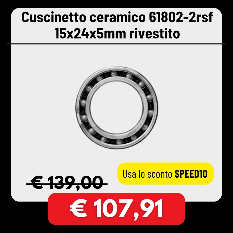 Ceramic bearing 61802-2RSF coated 15x24x5mm, front view showing balls; discounted price €107.91, code SPEED10