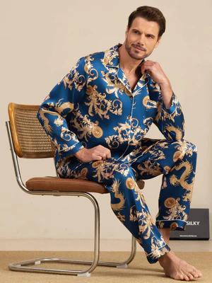 Image of Pure Seta Uomo Stampa Drago Maniche Lunghe Collo Notch Set Pigiama