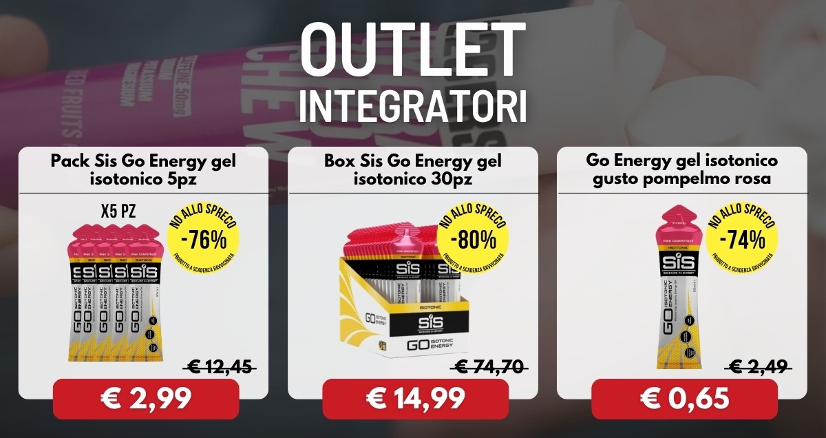 Promotional banner showing three SiS Go Energy isotonic gels (5-pack, 30-pack and pink grapefruit single) with large discount prices