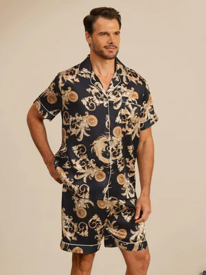 Image of Pure Seta Uomo Stampa Drago Maniche Corte Collo Notch Set Pigiama