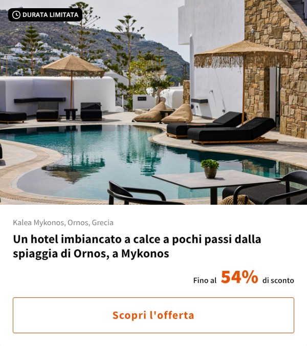 Un hotel imbiancato a calce a pochi passi dalla spiaggia di Ornos, a Mykonos