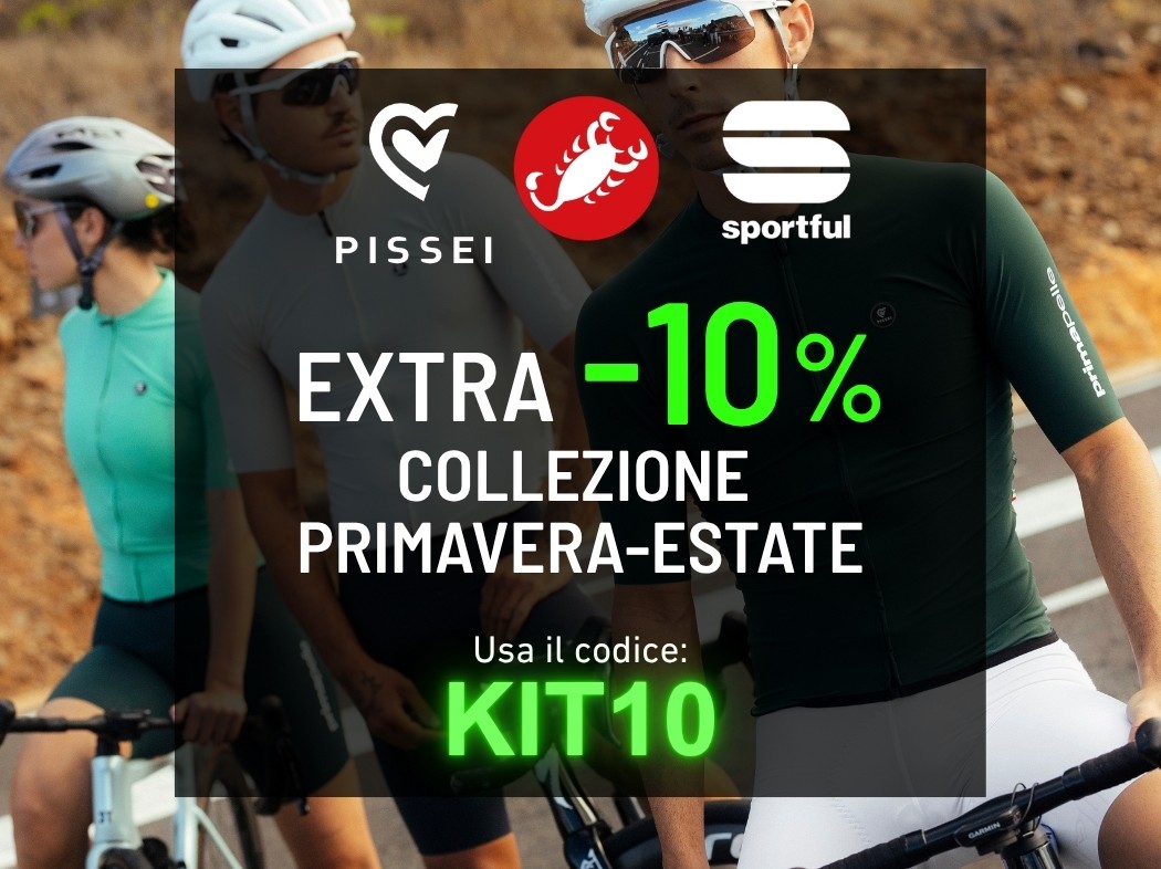 Cyclists in helmets by bikes with promo overlay for cycling apparel: EXTRA -10% spring–summer collection, code KIT10 and brand logos