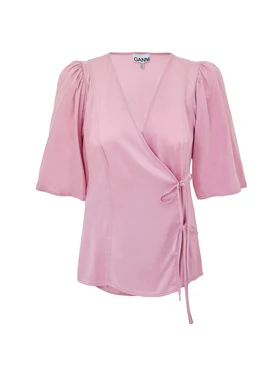 Top in Satin Rosa con Allacciatura ad Incrocio Ganni