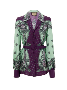 Camicia in Seta con Stampa Verde Menta e Viola Gucci