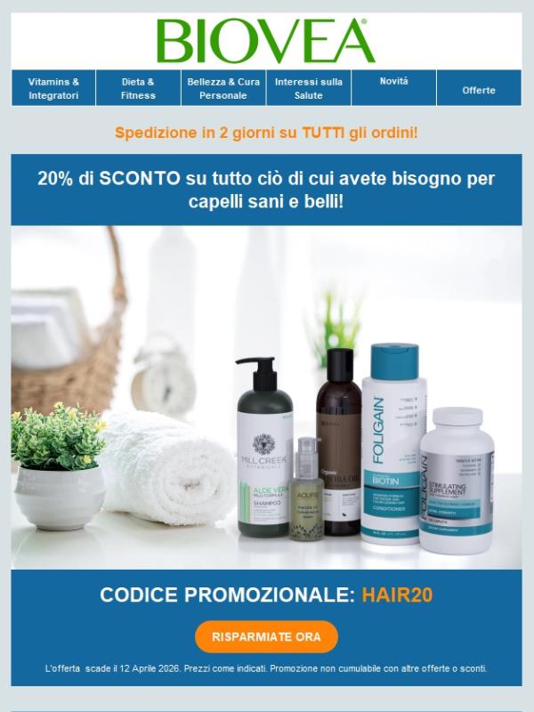 Sblocca un risparmio del 20% su tutti gli essenziali per capelli per ottenere capelli vibranti!