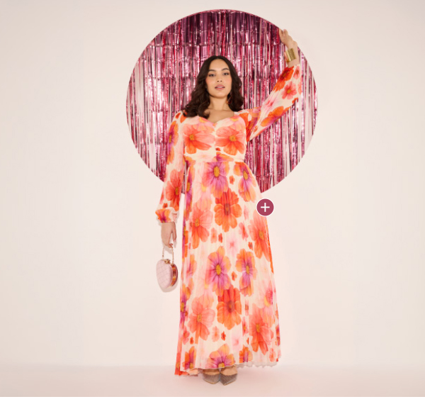 Maxi abito con fiori, scollo a cuore, maniche lunghe