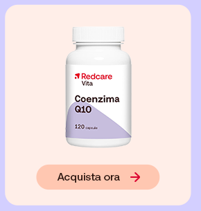 Flacone Redcare Vita Coenzima Q10 da 120 capsule su sfondo pesca chiaro. In basso pulsante: &ldquo;Acquista ora&rdquo;.