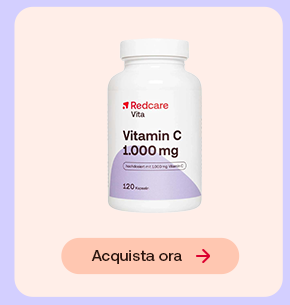 Flacone Redcare Vita Vitamina C 1000 mg da 120 compresse su sfondo pesca chiaro. In basso pulsante: &ldquo;Acquista ora&rdquo;.