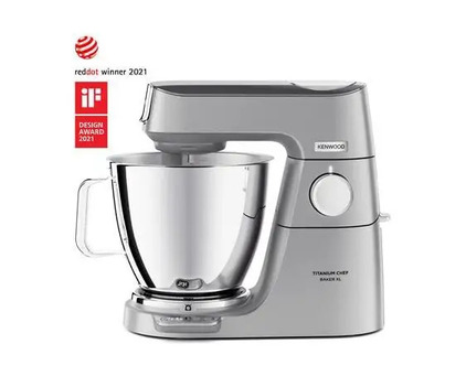Kenwood Titanium Chef Baker XL silver stand mixer with stainless steel mixing bowl, handle and control dial, award logos