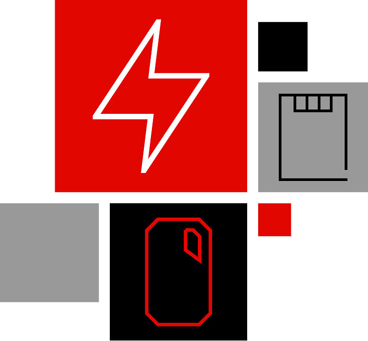 Icone digitali astratte tra cui un quadrato rosso con un fulmine bianco, un rettangolo grigio con una scheda di memoria e un contorno rosso di un SSD portatile.