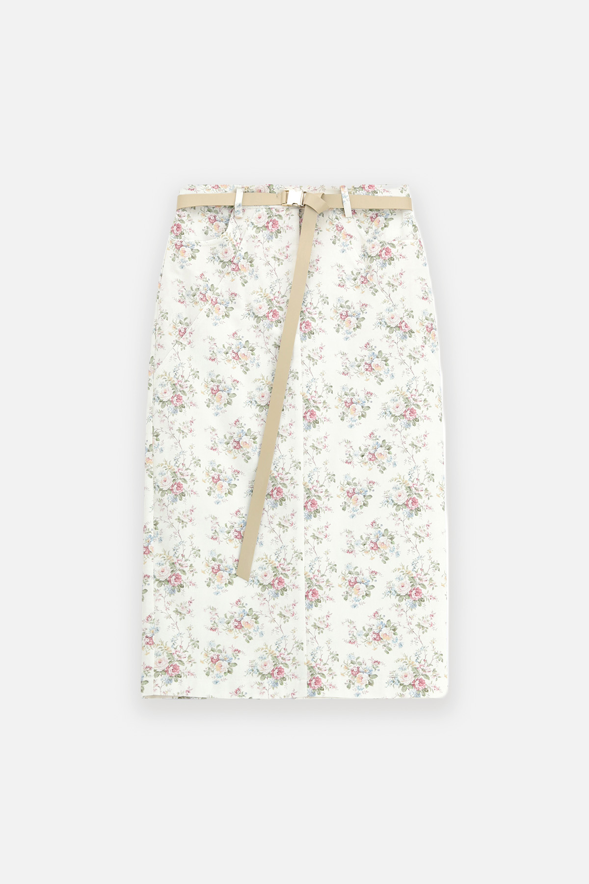 Cream floral midi skirt with pink and green ditsy print and long beige tie belt, front view