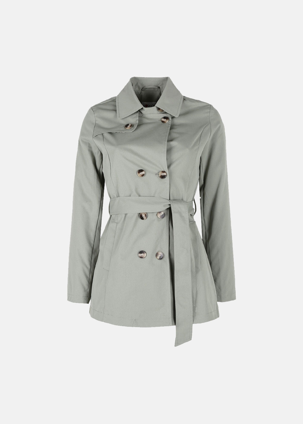 Women's light grey double-breasted short trench coat with waist tie belt, notch collar and side pockets on white background