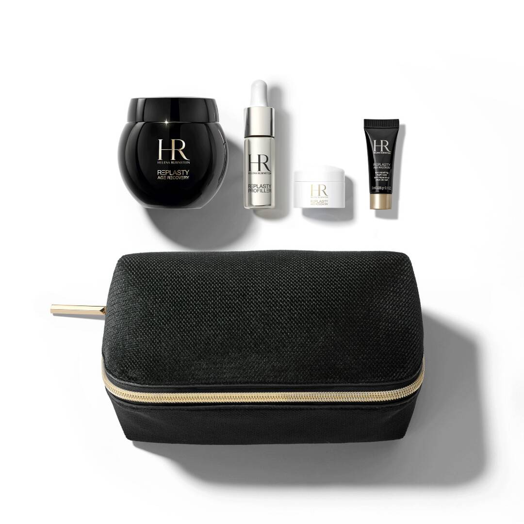 Esalta la tua pelle con il set esperto Re-Plasty di Helena Rubinstein. Include la crema Age Recovery, il siero e trattamenti mirati in una lussuosa pochette nera.