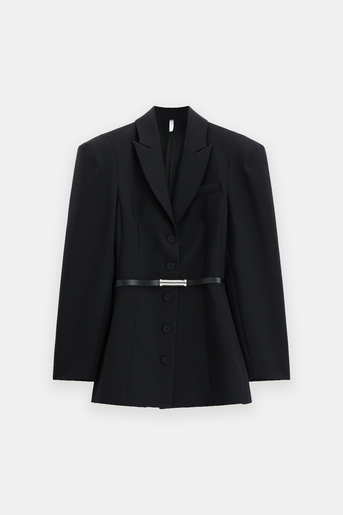 Black tailored women's blazer with notch lapels, four buttons and slim leather belt, photographed on white background