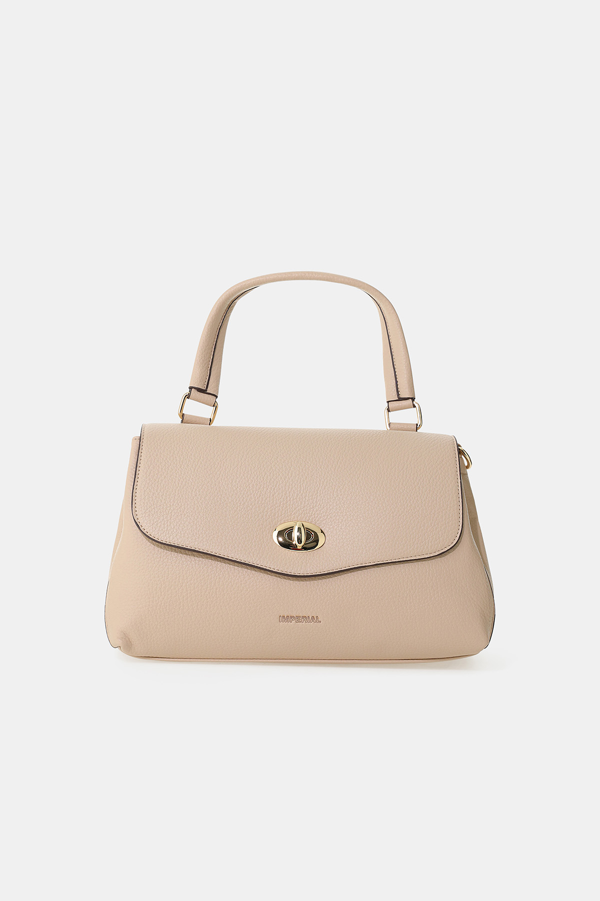 Beige pebble-grain leather top-handle handbag with flap, gold twist-lock hardware and compact structured silhouette