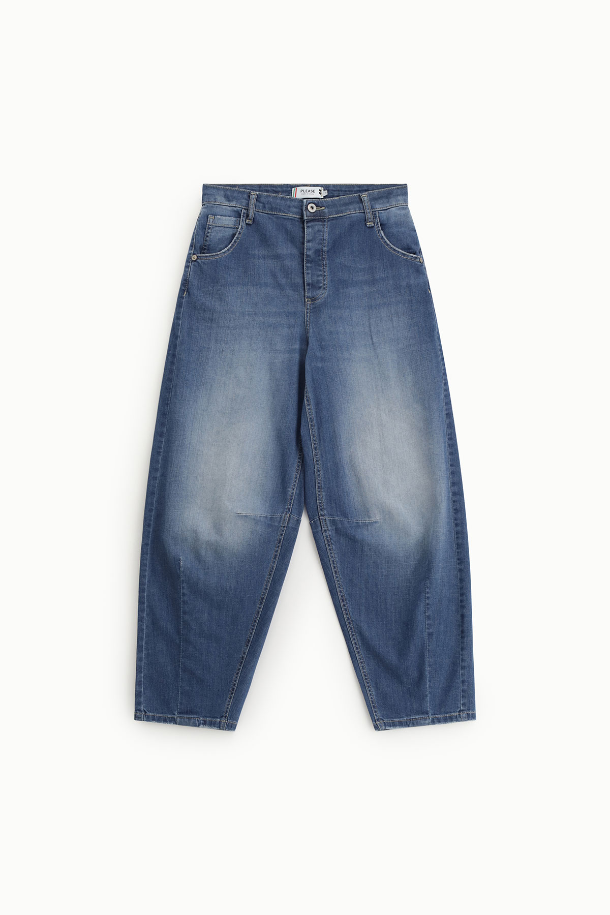 Relaxed tapered blue denim jeans with faded knees, five-pocket and button-and-zip fastening, laid flat on white background