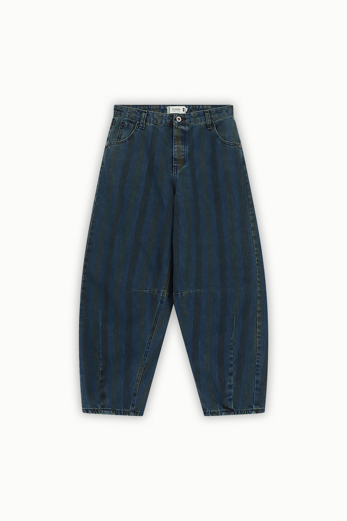 High-waisted relaxed-fit cropped denim trousers with vertical dark-blue stripes, button fly, front pockets and elasticated ankle hems