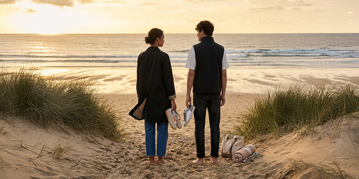 Couple standing barefoot on sand dunes holding shoes, facing a calm sunset sea with a beach bag and rolled blanket beside them