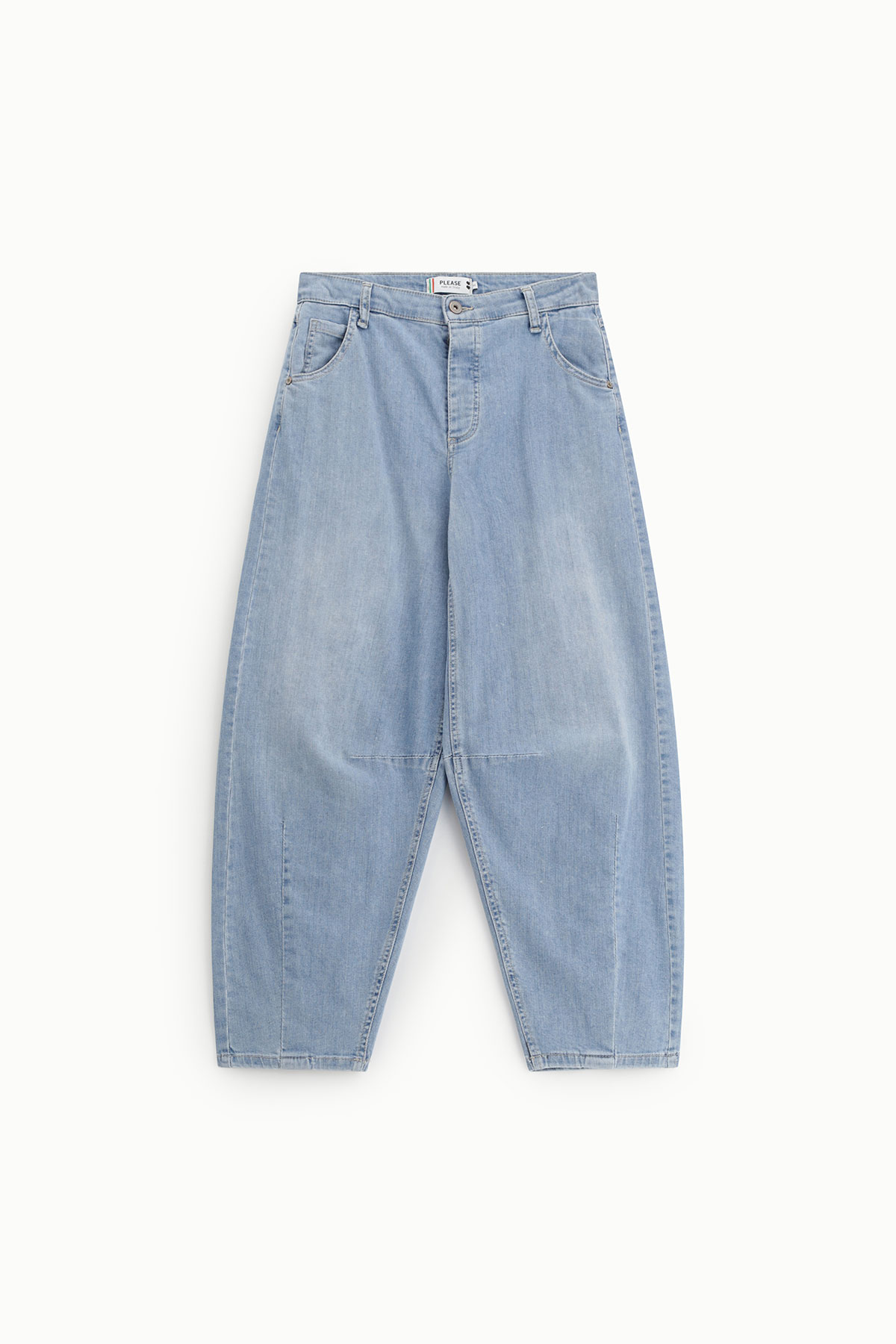 Light wash high‑waist baggy cropped denim jeans with five‑pocket design and tapered legs