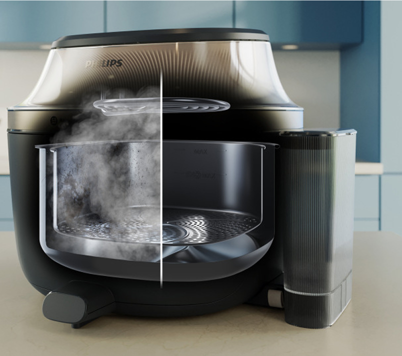 Kijk hoe het elke keer weer perfect lukt. Je hoeft de mand er niet uit te trekken om je eten te controleren dankzij de 2 kookvensters.​