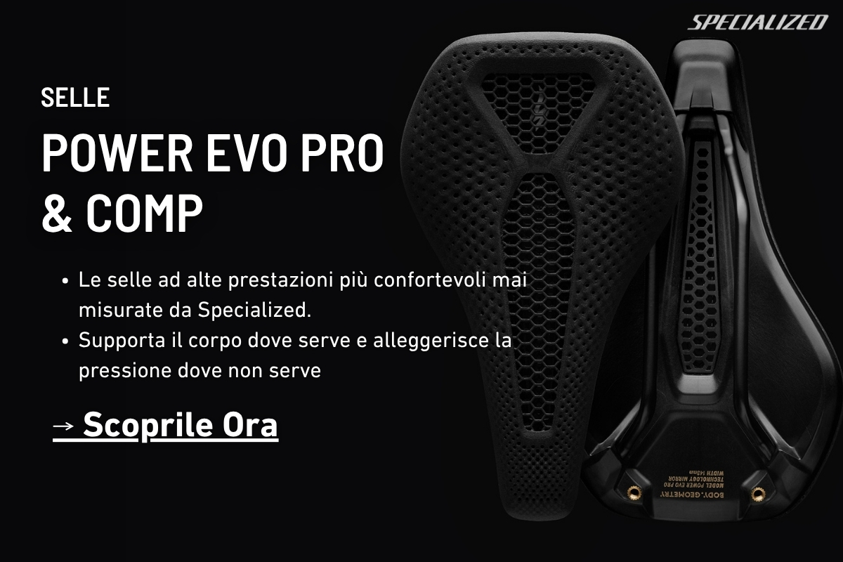 Promotional image of two black Specialized Power EVO Pro & Comp bike saddles on dark background with product text