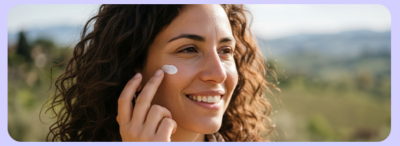 Donna sorridente applica una crema sul viso all&rsquo;aperto, con sfondo naturale sfocato.