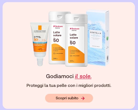 Prodotti solari su sfondo lilla: crema viso La Roche-Posay SPF 50, latte solare Redcare SPF 50 e prodotto Skinfood Centella. Testo: &ldquo;Godiamoci il sole&rdquo;, con &ldquo;il sole&rdquo; evidenziato in rosso corsivo e sottolineato. Sotto: &ldquo;Proteggi la tua pelle con i migliori prodotti&rdquo;. Pulsante: &ldquo;Scopri subito&rdquo;.