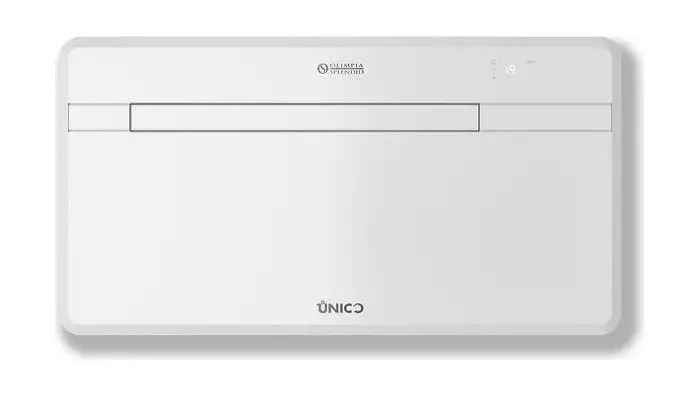 White wall-mounted ÚNICO air-conditioner unit with slim horizontal vent and digital display