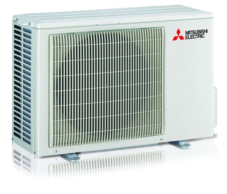 Mitsubishi Electric outdoor air conditioning condenser unit, white metal casing with front grille