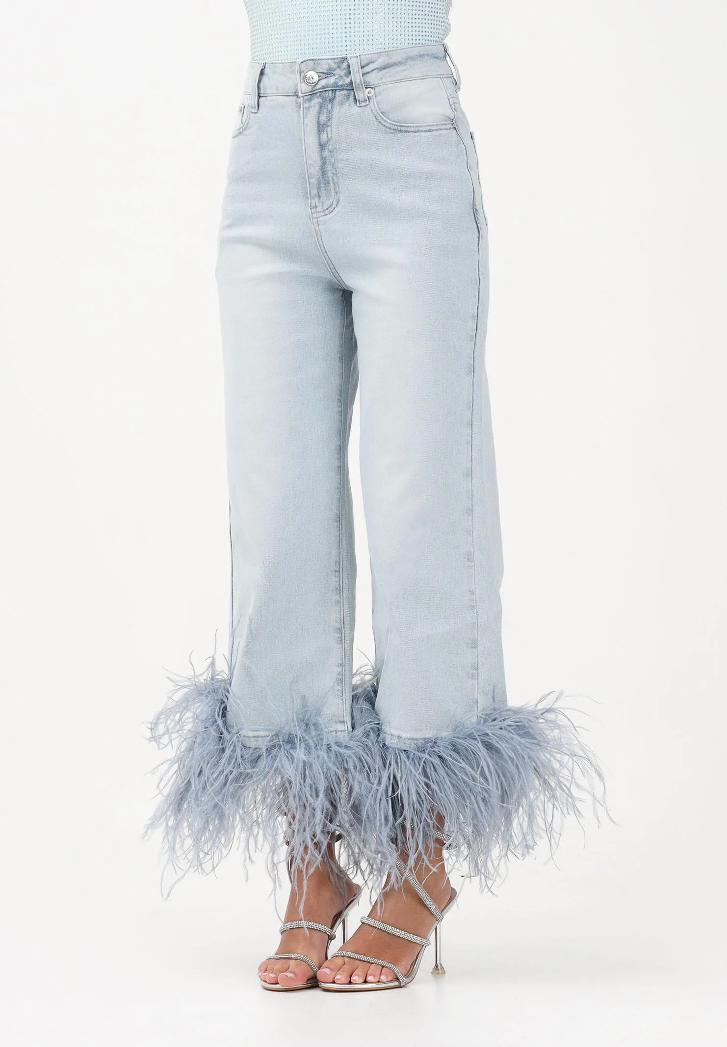 Image of TWENTY FOURHAITCH Jeans ARCADE in denim chiaro da donna con piume