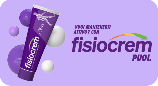 Tubo di crema Fisiocrem Active su sfondo lilla con sfere decorative. Testo: &ldquo;Vuoi mantenerti attivo? Con Fisiocrem puoi&rdquo;, con il logo Fisiocrem evidenziato.