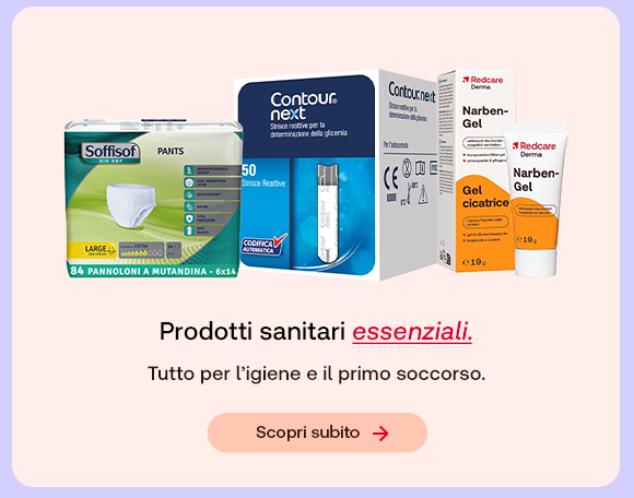 Prodotti sanitari su sfondo pesca: pannoloni Soffisof, dispositivo per la glicemia Contour Next e gel cicatrizzante Redcare. Testo: &ldquo;Prodotti sanitari essenziali&rdquo;, con &ldquo;essenziali&rdquo; evidenziato in rosso corsivo e sottolineato. Sotto: &ldquo;Tutto per l&rsquo;igiene e il primo soccorso&rdquo;. Pulsante: &ldquo;Scopri subito&rdquo;.